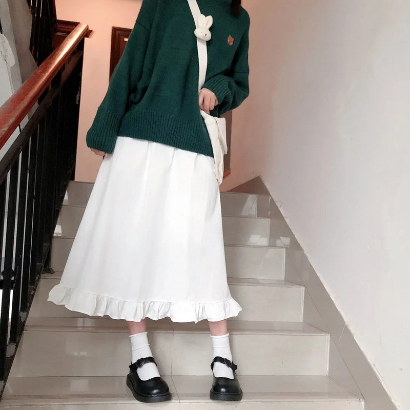 Kawaii fodros fehér hosszú szoknyák aranyos elegáns patchwork A-vonalú midi szoknya női nyári japán puha lány preppy stílus Lolita