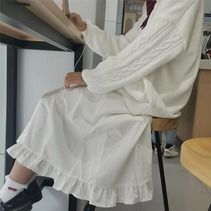 Kawaii fodros fehér hosszú szoknyák aranyos elegáns patchwork A-vonalú midi szoknya női nyári japán puha lány preppy stílus Lolita