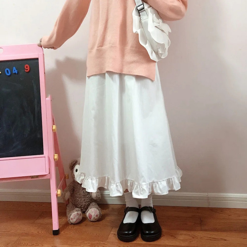 Kawaii fodros fehér hosszú szoknyák aranyos elegáns patchwork A-vonalú midi szoknya női nyári japán puha lány preppy stílus Lolita