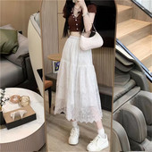 Fehér csipke fodros tüll szoknya Női tavaszi nyár fekete A-vonalú hosszú szoknya Diákok főiskolai géz üreges Midi hajtogatott szoknya