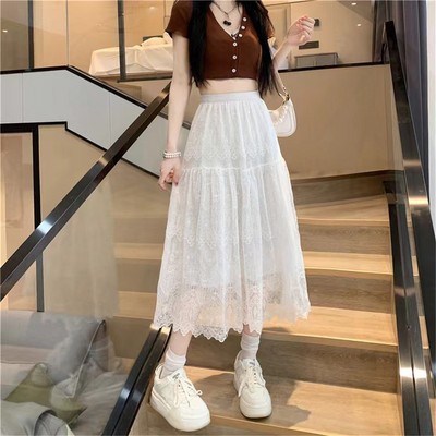 Fehér csipke fodros tüll szoknya Női tavaszi nyár fekete A-vonalú hosszú szoknya Diákok főiskolai géz üreges Midi hajtogatott szoknya