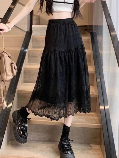 Fehér csipke fodros tüll szoknya Női tavaszi nyár fekete A-vonalú hosszú szoknya Diákok főiskolai géz üreges Midi hajtogatott szoknya