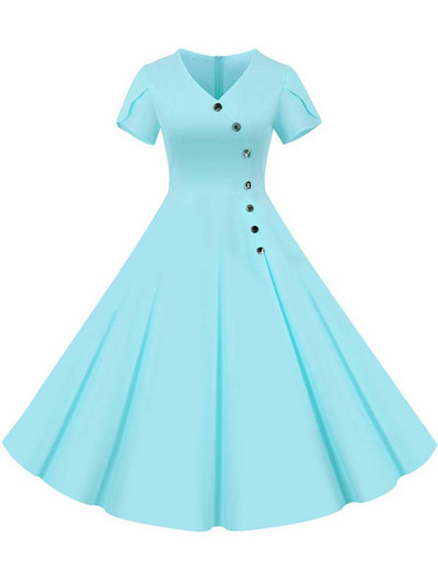 Kauzális nyári női ruha, egyszínű, V nyakú, 1950-es évek elegáns, retro, irodai parti napruha Midi köntös