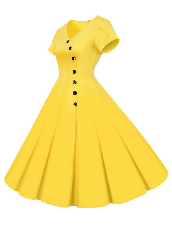 Kauzális nyári női ruha, egyszínű, V nyakú, 1950-es évek elegáns, retro, irodai parti napruha Midi köntös