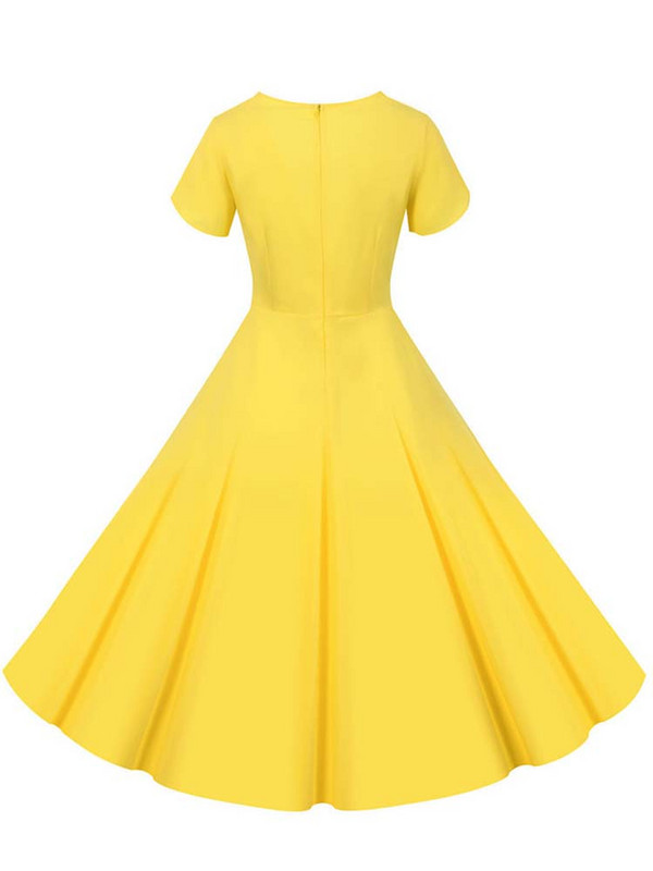 Kauzális nyári női ruha, egyszínű, V nyakú, 1950-es évek elegáns, retro, irodai parti napruha Midi köntös