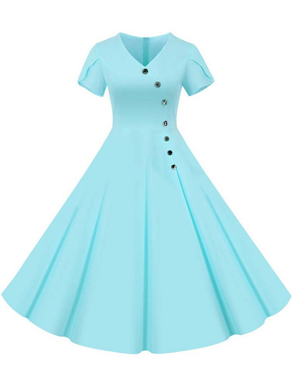 Kauzális nyári női ruha, egyszínű, V nyakú, 1950-es évek elegáns, retro, irodai parti napruha Midi köntös