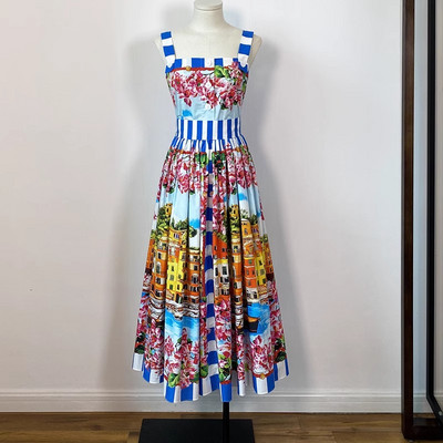 Nyári ünnep gombok Spagetti pántos ruha, kifutó, női, egysoros virágmintás tengerparti vakáció Midi Vestidos Camisole