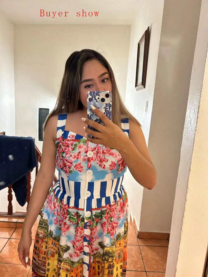 Nyári ünnep gombok Spagetti pántos ruha, kifutó, női, egysoros virágmintás tengerparti vakáció Midi Vestidos Camisole