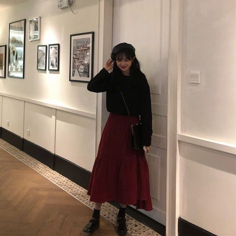 Lucyever Vintage borvörös kordbársony szoknya női őszi téli szabálytalan midi szoknya női magas derekú hosszú, A-vonalú redőzött szoknya