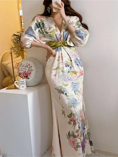 Tavaszi japán stílus elegáns virágos midi ruha női vintage elegáns Bodycon party születésnapi Vestidos női divat egy darabból álló köntös