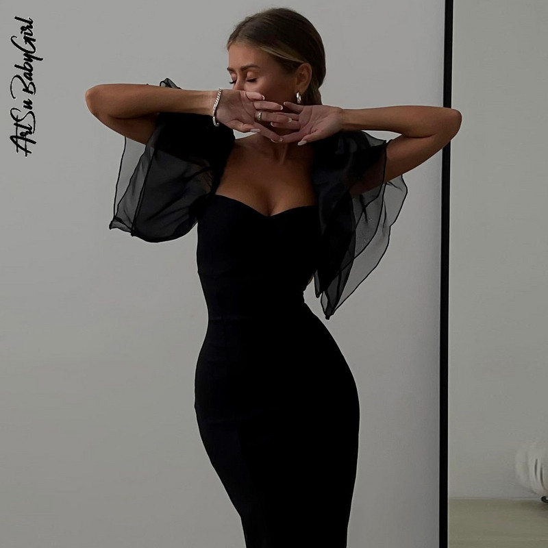 Fekete parti ruhák Fodros ujjú midi ruha új négyszögletes nyakú midi ruha klubruhák szexi ruha tömör testes estélyi ruhák