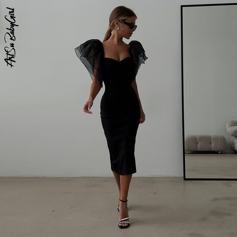Fekete parti ruhák Fodros ujjú midi ruha új négyszögletes nyakú midi ruha klubruhák szexi ruha tömör testes estélyi ruhák