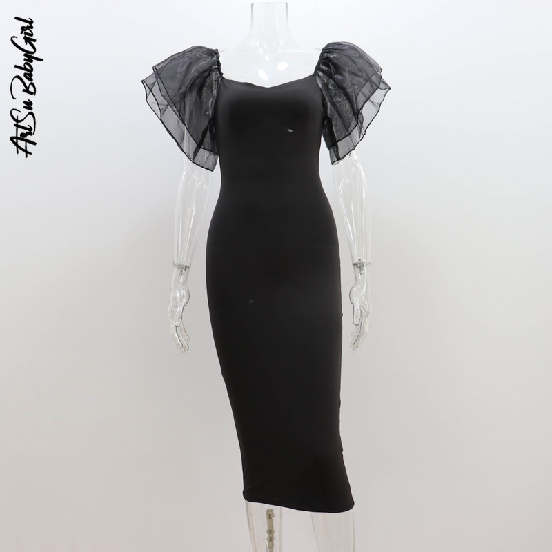 Fekete parti ruhák Fodros ujjú midi ruha új négyszögletes nyakú midi ruha klubruhák szexi ruha tömör testes estélyi ruhák
