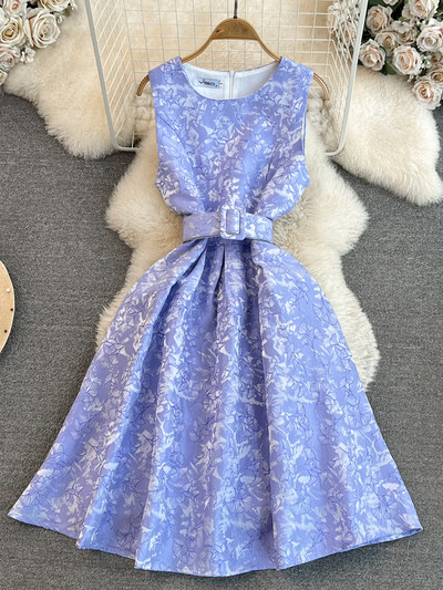 Női Vintage virágos ruhák Nyári vékony, A-vonalú ujjatlan parti ruhák Női Elegáns O-nyakú alkalmi midiruha Vestidos