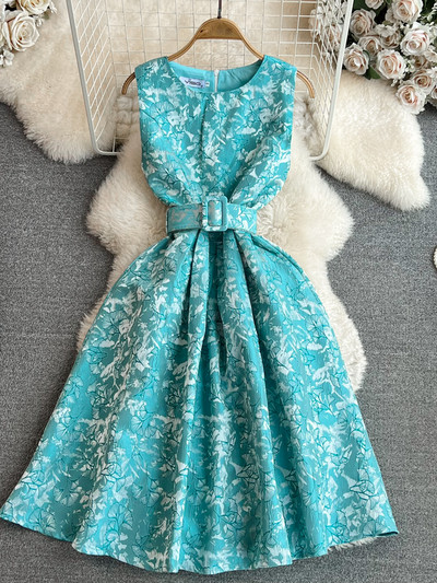 Női Vintage virágos ruhák Nyári vékony, A-vonalú ujjatlan parti ruhák Női Elegáns O-nyakú alkalmi midiruha Vestidos