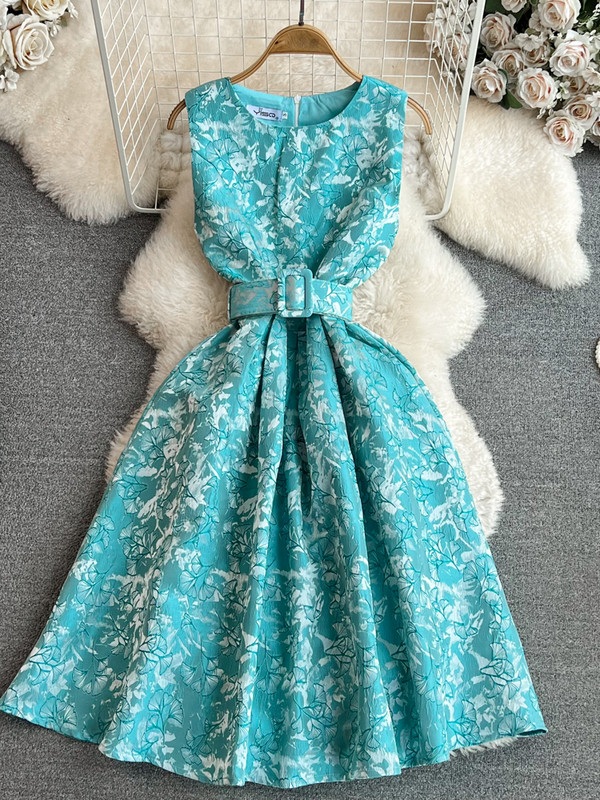 Női Vintage virágos ruhák Nyári vékony, A-vonalú ujjatlan parti ruhák Női Elegáns O-nyakú alkalmi midiruha Vestidos