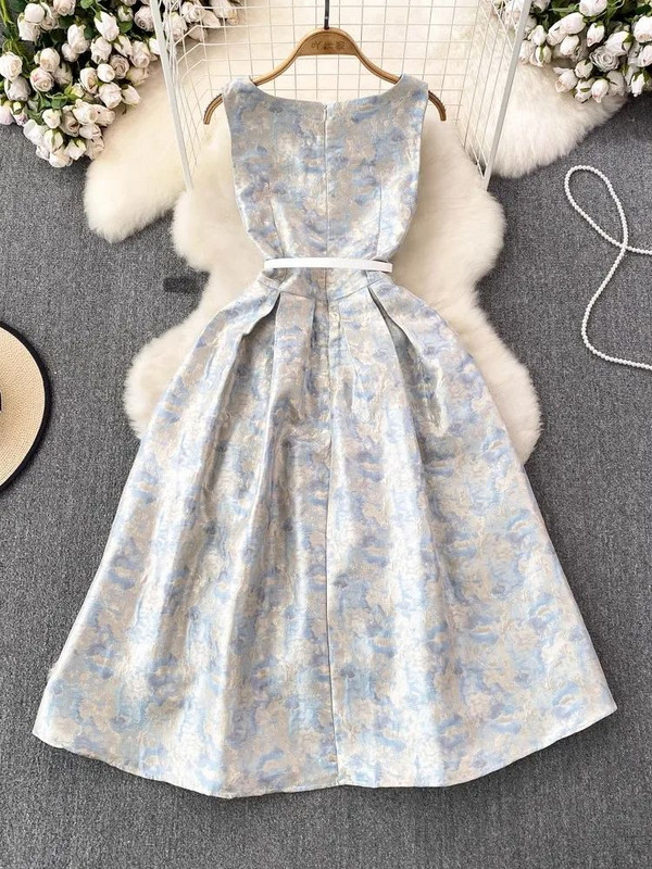 Nyári elegáns virágos Jacquard estélyi buliruha női ujjatlan, négyzet alakú gallérral, cipzárral, pillangós övvel, báli ruhával