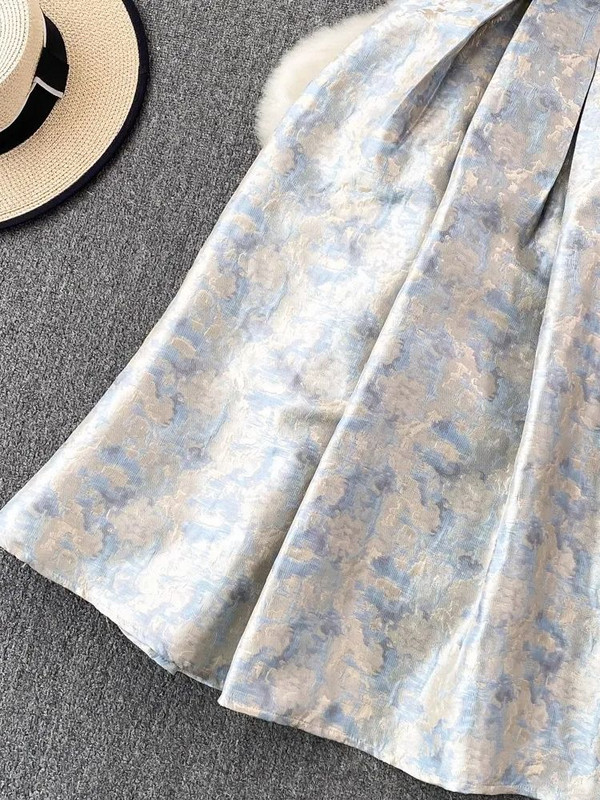 Nyári elegáns virágos Jacquard estélyi buliruha női ujjatlan, négyzet alakú gallérral, cipzárral, pillangós övvel, báli ruhával