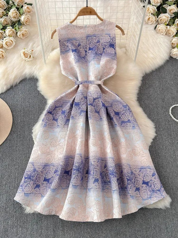 Elegáns nyári francia születésnapi virágos hímzett jacquard ruha női elegáns ujjatlan öv, vékony mellény, tartályos Midi party vestidos