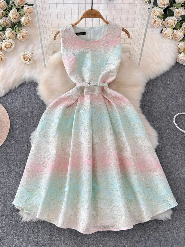 Elegáns nyári francia születésnapi virágos hímzett jacquard ruha női elegáns ujjatlan öv, vékony mellény, tartályos Midi party vestidos