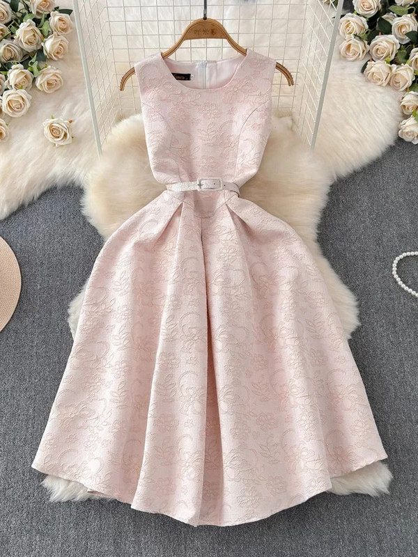 Elegáns nyári francia születésnapi virágos hímzett jacquard ruha női elegáns ujjatlan öv, vékony mellény, tartályos Midi party vestidos