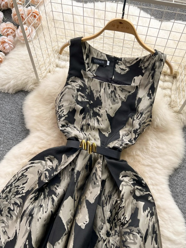 Női Vintage buliruha Nyári Elegáns Magas derekú, Karcsú A-vonalú Midi Ruha Négyszögletes Nyakú Ujjatlan Nyomtatott Hosszú Köntös Vestidos