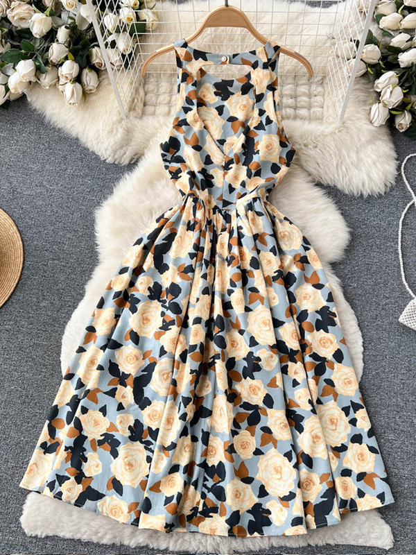 FTLZZ Nyári Elegáns Női O-nyakú, ujjatlan, ujjatlan térdig érő ruha Alkalmi női nyaralás tengerparti virágmintás ruha