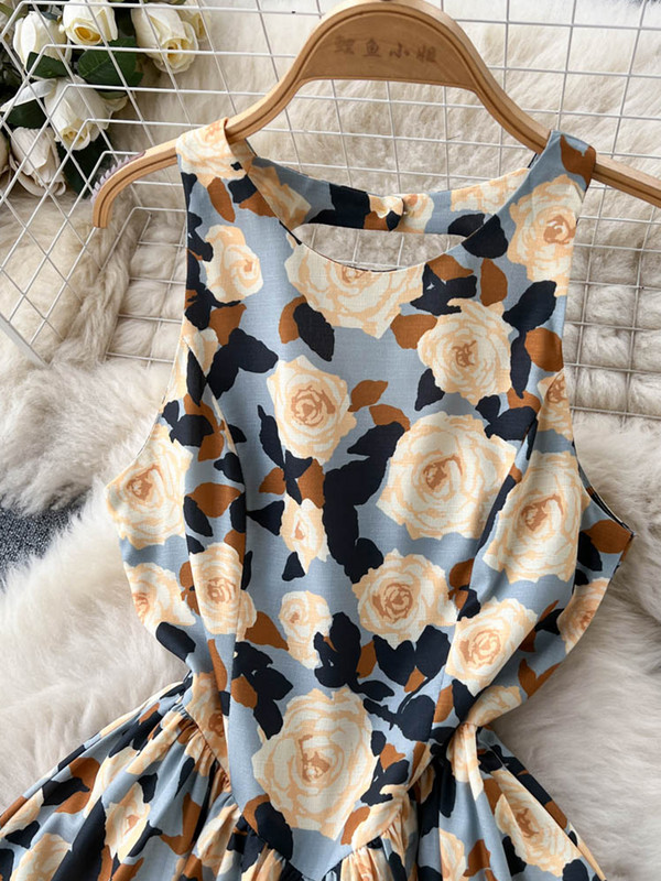 FTLZZ Nyári Elegáns Női O-nyakú, ujjatlan, ujjatlan térdig érő ruha Alkalmi női nyaralás tengerparti virágmintás ruha