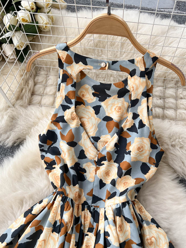 FTLZZ Nyári Elegáns Női O-nyakú, ujjatlan, ujjatlan térdig érő ruha Alkalmi női nyaralás tengerparti virágmintás ruha