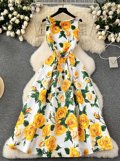 Лятна модна флорална жакардова рокля Дамски елегантни джобове без ръкави за плажно парти Абитуриентски бал Vestidos One Piece Slim Tank Clothing