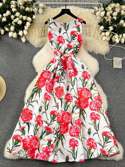 Nyári divat Virágos jacquard ruha női elegáns ujjatlan zsebes strandparti báli Vestidos egyrészes karcsú tankruha