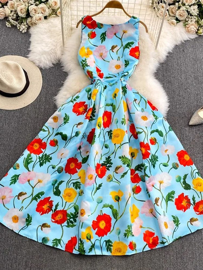 Nyári divat Virágos jacquard ruha női elegáns ujjatlan zsebes strandparti báli Vestidos egyrészes karcsú tankruha