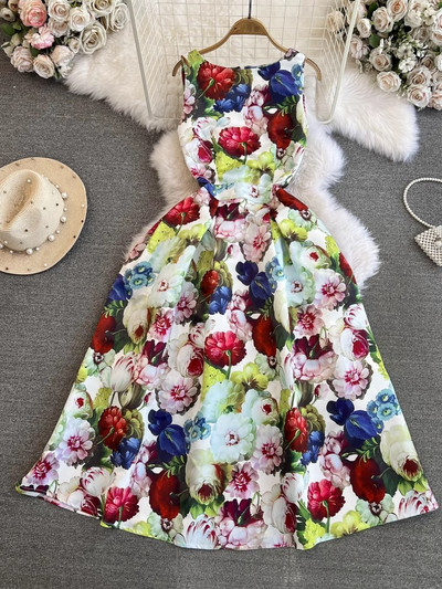 Nyári divat Virágos jacquard ruha női elegáns ujjatlan zsebes strandparti báli Vestidos egyrészes karcsú tankruha