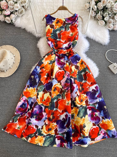 Nyári divat Virágos jacquard ruha női elegáns ujjatlan zsebes strandparti báli Vestidos egyrészes karcsú tankruha