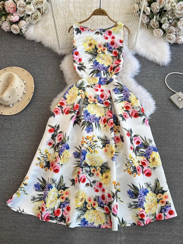 Nyári divat Virágos jacquard ruha női elegáns ujjatlan zsebes strandparti báli Vestidos egyrészes karcsú tankruha