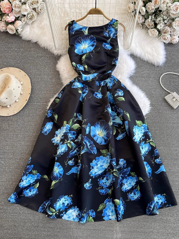 Nyári divat Virágos jacquard ruha női elegáns ujjatlan zsebes strandparti báli Vestidos egyrészes karcsú tankruha