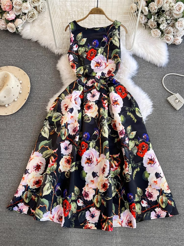 Nyári divat Virágos jacquard ruha női elegáns ujjatlan zsebes strandparti báli Vestidos egyrészes karcsú tankruha