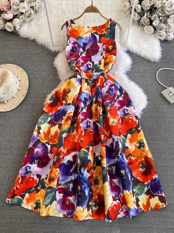 Nyári divat Virágos jacquard ruha női elegáns ujjatlan zsebes strandparti báli Vestidos egyrészes karcsú tankruha