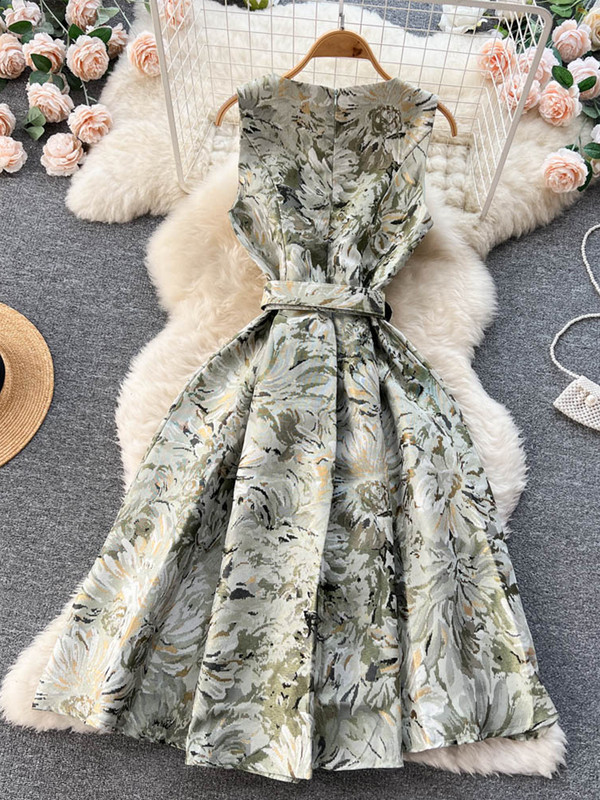 FTLZZ Summer Elegant Női O-nyakú ujjatlan térdig érő ruha Vintage Lady Empire vékony virágmintás ruha övvel