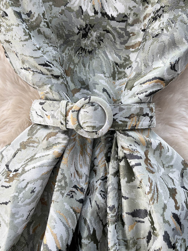 FTLZZ Summer Elegant Női O-nyakú ujjatlan térdig érő ruha Vintage Lady Empire vékony virágmintás ruha övvel