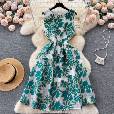FTLZZ Summer Office Lady O-kaelusega varrukateta põlvedeni kleit Elegantne naiste volangidega lillemustriga kleit Moodne A-kujuline kleit