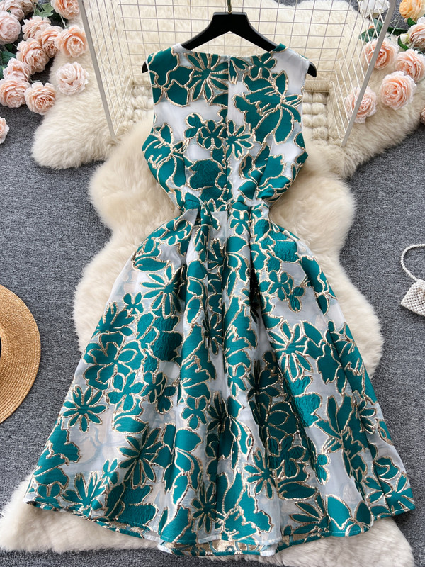 FTLZZ Summer Office Lady O-nyak ujjatlan térdig érő ruha Elegáns női Fodros virágmintás ruha Divatos A-vonalú ruha