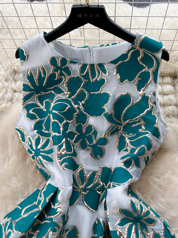 FTLZZ Summer Office Lady O-nyak ujjatlan térdig érő ruha Elegáns női Fodros virágmintás ruha Divatos A-vonalú ruha