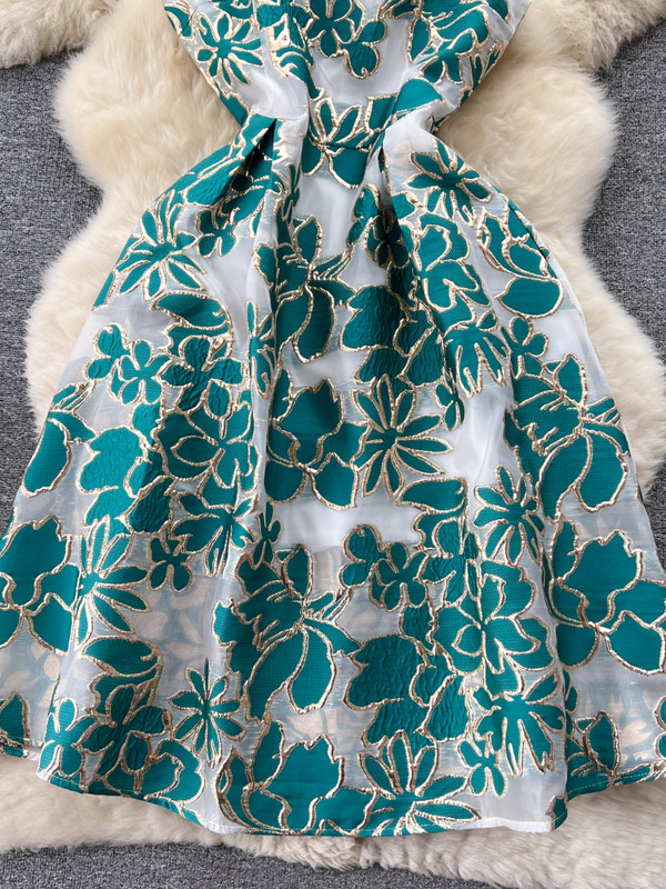 FTLZZ Summer Office Lady O-nyak ujjatlan térdig érő ruha Elegáns női Fodros virágmintás ruha Divatos A-vonalú ruha