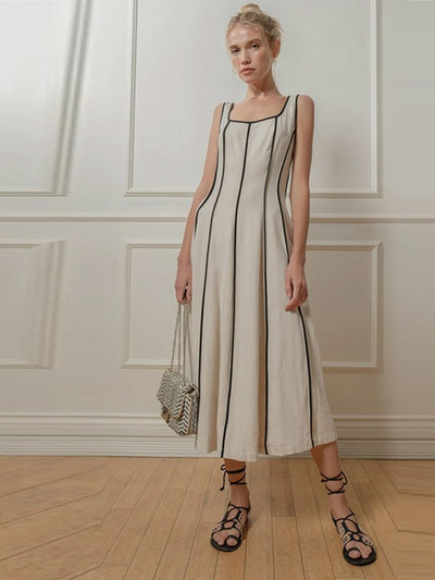 Eleganta raibveida kleita ar kvadrātveida apkakli sievietēm Modes sieviešu viduskleita bez piedurknēm 2024. gada jaunais pavasara rudens sieviešu apģērbs