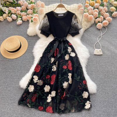 Smlinan Summer Patchwork Izšūšana Ziedu sieta kleita Sieviešu kaklam ar īsām piedurknēm Bandgae Midi kleita Eleganta vakarkleitas