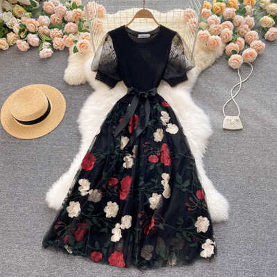 Smlinan nyári patchwork hímzés virágos hálós ruha női nyakú rövid ujjú bandgae midi ruha Elegáns estélyi ruhák