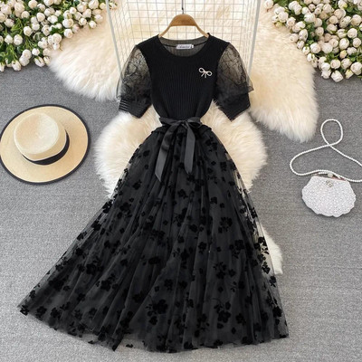 Smlinan nyári patchwork hímzés virágos hálós ruha női nyakú rövid ujjú bandgae midi ruha Elegáns estélyi ruhák