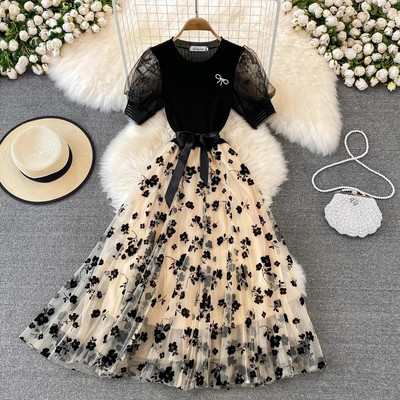 Smlinan nyári patchwork hímzés virágos hálós ruha női nyakú rövid ujjú bandgae midi ruha Elegáns estélyi ruhák