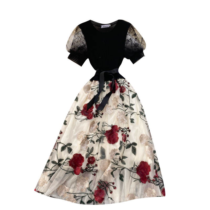 Smlinan nyári patchwork hímzés virágos hálós ruha női nyakú rövid ujjú bandgae midi ruha Elegáns estélyi ruhák